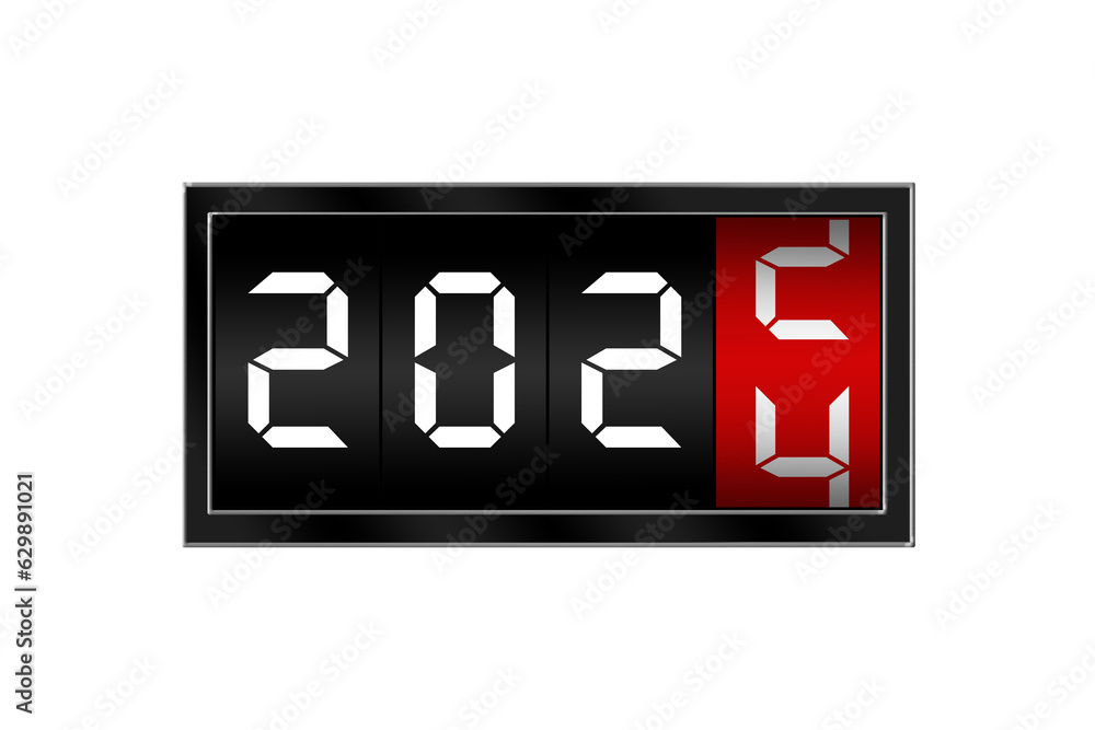 Close up of digital clock changing number 2023 to number 2024
