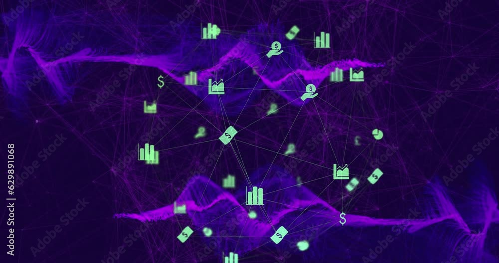Animation of graph and dollar sign icons connecting with lines and forming globe over mesh network Animation of graph and dollar sign icons connecting with lines and forming globe over mesh network