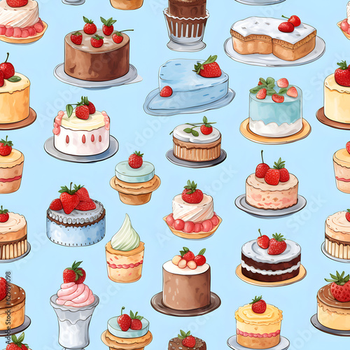 Seamless patterns of various cake with fruits and berry. Watercolor illustration background, Generative AI