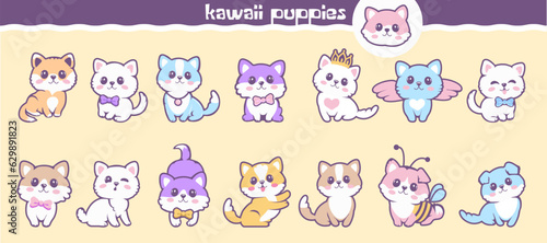 Cute colorful puppies, kawaii kittens.