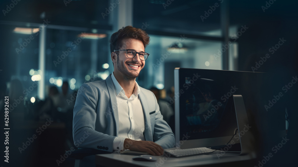 Smiling developer sitting next to the PC Smiling developer sitting next to the PC