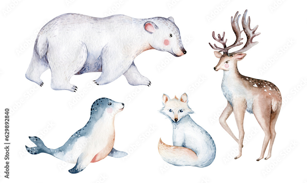 Naklejka premium polar arctic animals watercolor collection set. snowy owl. reindeer. polar bear and fox, penguin, walrus. seal. hare. whale