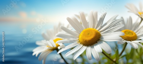 Chamomile or daisy flower on blurred lake background. Generative AI technology.