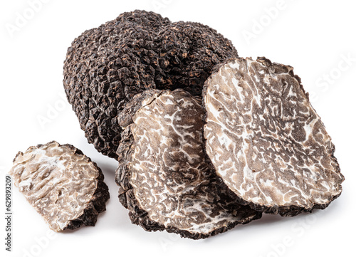 Summer truffles and truffle slices isolated on white background. Close-up.