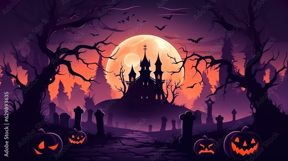 Halloween background with old cemetery gravestones spooky leafless  trees full moon on Halloween night 