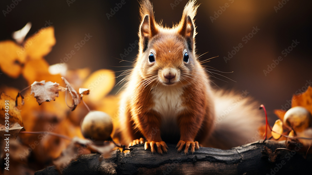 Fototapeta premium Cute squirrel in autumn forest. Generative Ai