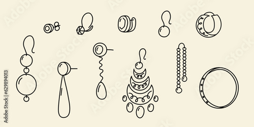 Doodle earrings drawing set. Different types of hand drawn woman jewelry outline vector illustration