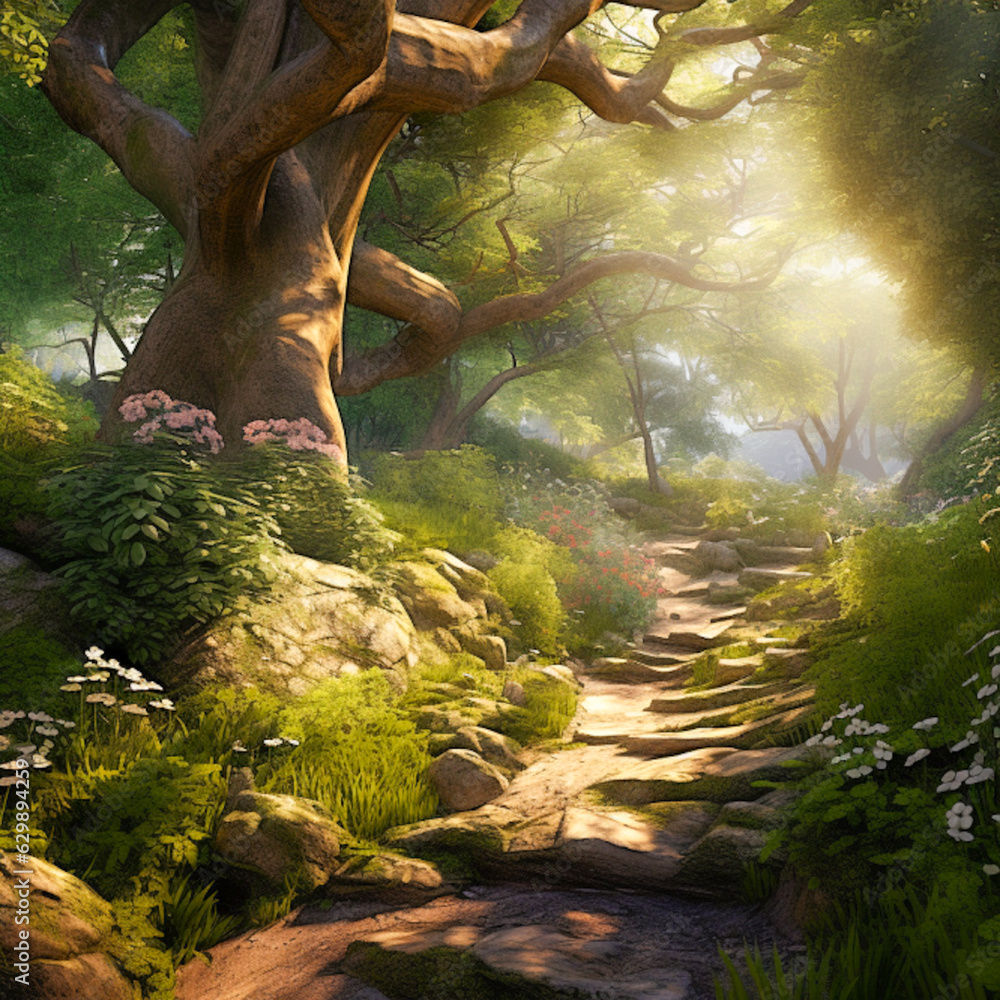 Sunlight Filtering Through an Enchanted Forest Pathway Stock Photo ...