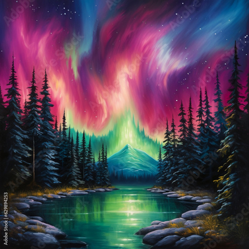 Painting of the Northern Lights over a Lake, borealis, Aurora borealis painting, landscape painting, nature painting night, sky painting, starry night painting, northern lights photography