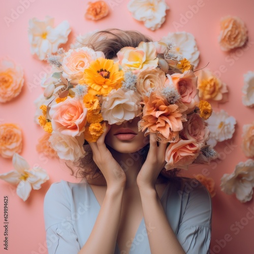 Love, beautiful girl portrait in pastel vivid, fresh, spring, flowers, wreath of flowers in the hair of a young woman with a face mask through the eyes. Generative AI