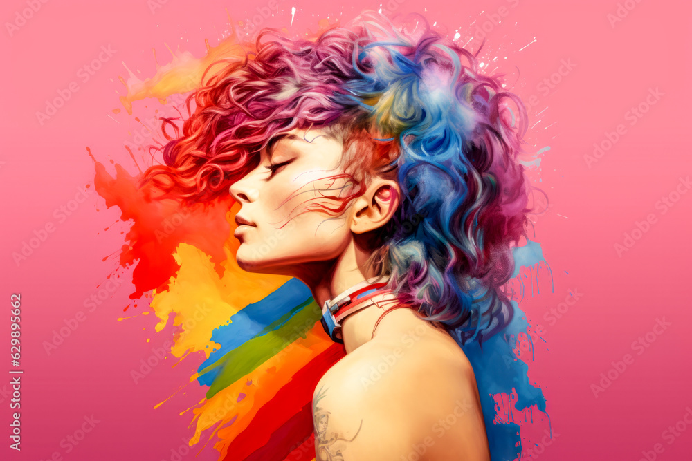Portrait of beautiful young woman with make-up, hair and background in rainbow colors