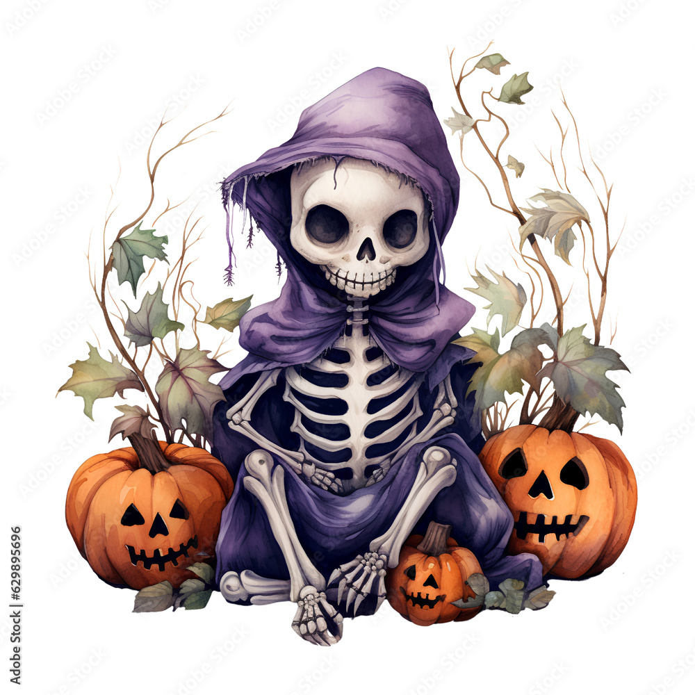Fototapeta premium Halloween Skeleton Watercolor 