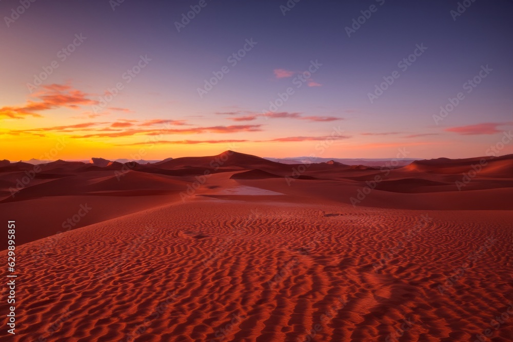 Red colored desert at sunset under blue sky