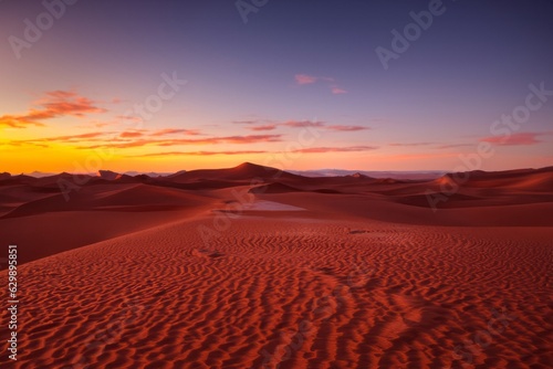 Red colored desert at sunset under blue sky