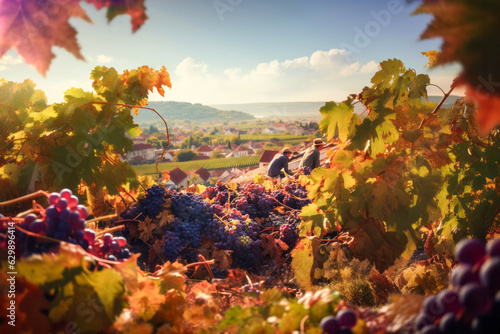 Autumn vineyard during grape harvest, in background rural landscape with village under blue sky