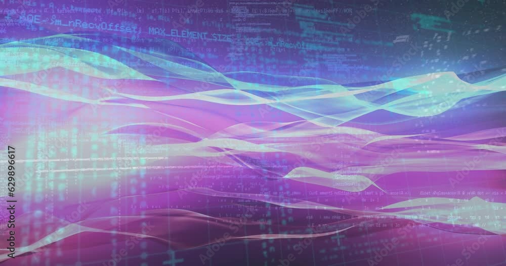 Animation of wave pattern and grid pattern over computer language in background Animation of wave pattern and grid pattern over computer language in background