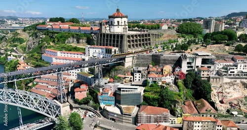 Aerial Footage, Vila Nova de Gaia side of Porto, Bridge on Douro river. Tourism photo