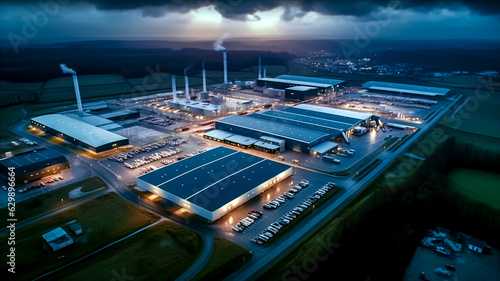 Canvas-taulu Site industriel éclairé  - Usine en activité la nuit, production 24h/24 - Généra