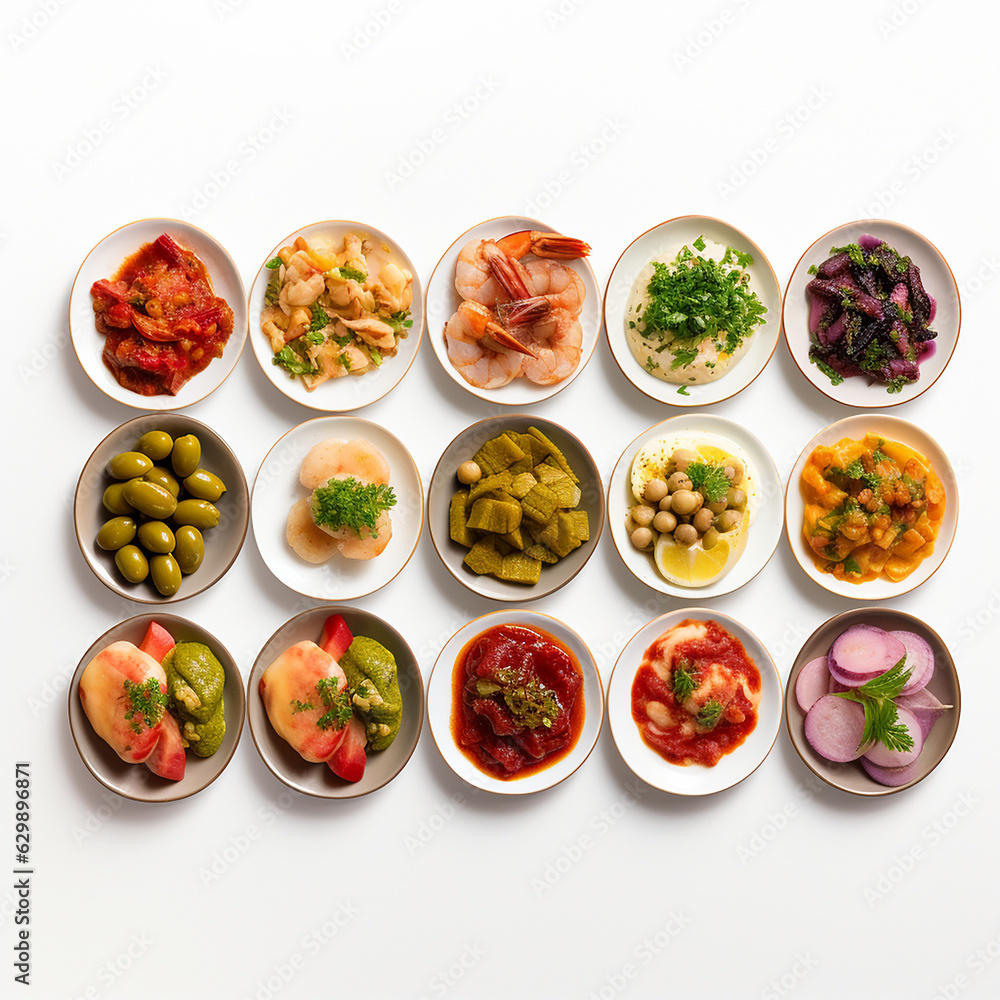 Food served as tapas inside isolated bowls at Andalusia restaurants in Spain. Food served as tapas inside isolated bowls at Andalusia restaurants in Spain.