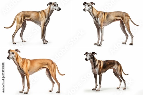 set of greyhound dogs isolated on white background.