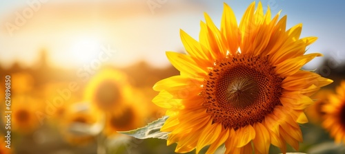 Sunflower on morning garden field. Generative AI technology.