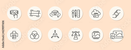 Gallery line icon. Photo, cloud saving, printer, photo processing, laptop, camera, perspective. Pastel color background. Vector line icon for business
