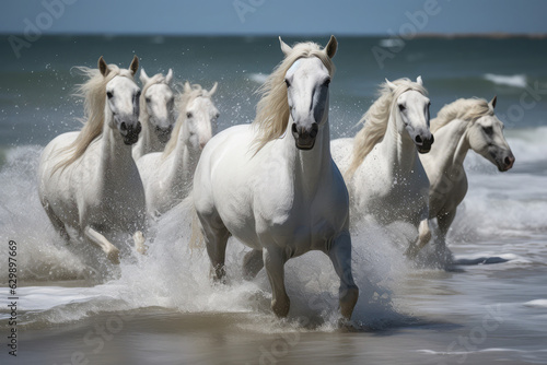 Close-up of white horses run along the coast © Kien