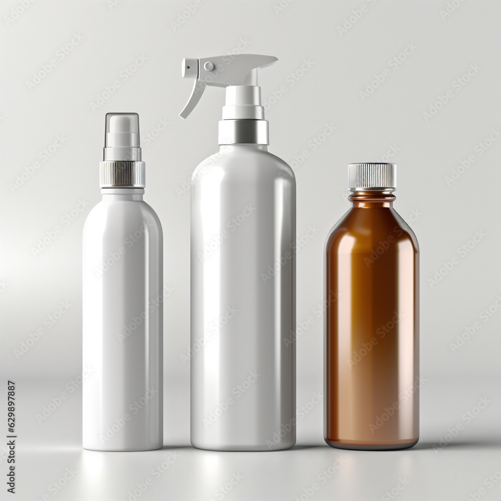 various blank bottles and containers - spray bottle, aluminium tin with screw lid, amber glass bottles and a white one, isolated packaging design elements, front view various blank bottles and containers - spray bottle, aluminium tin with screw lid, amber glass bottles and a white one, isolated packaging design elements, front view