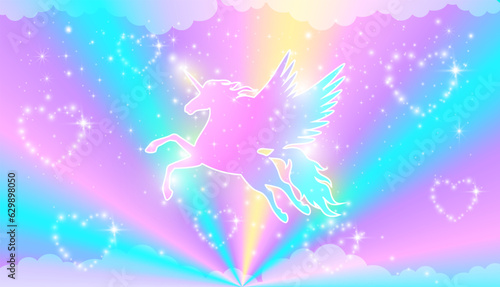 Rainbow background with winged unicorn silhouette with stars.