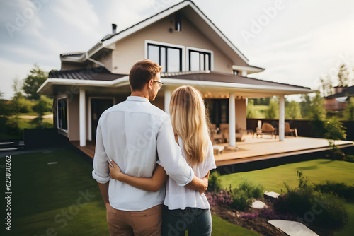 Happy young couple standing in front of new home. Husband and wife buying new house. Real estate concept. family feeling. A new beginning photo