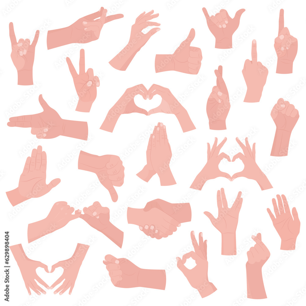 Set of various hand gestures. Vector illustration isolated on white background. Hands make gestures and symbols for communication. Language of the body. Set of various hand gestures. Vector illustration isolated on white background. Hands make gestures and symbols for communication. Language of the body.