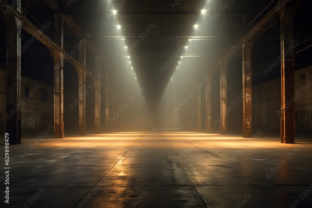 The haunting radiance of spotlights piercing an old, forsaken warehouse.