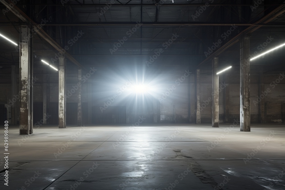 A desolate warehouse under the dramatic glow of spotlights.