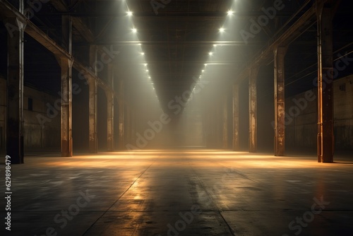 The haunting radiance of spotlights piercing an old, forsaken warehouse.