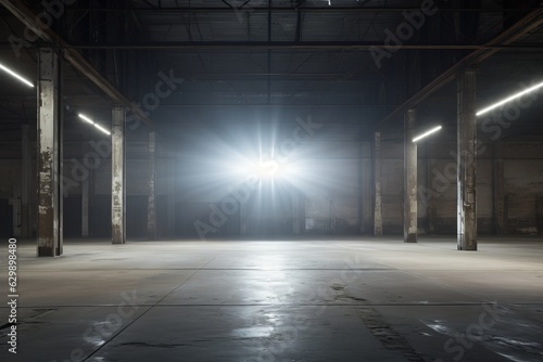 A desolate warehouse under the dramatic glow of spotlights.