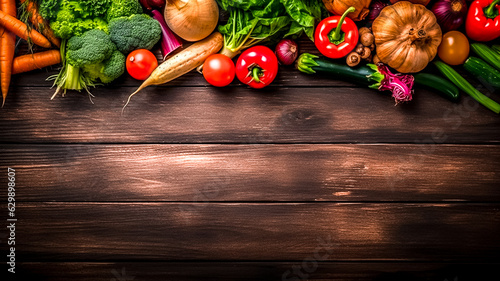 Arrière plan en bois avec des légumes, vu de dessus, avec espace pour le texte - Générative IA