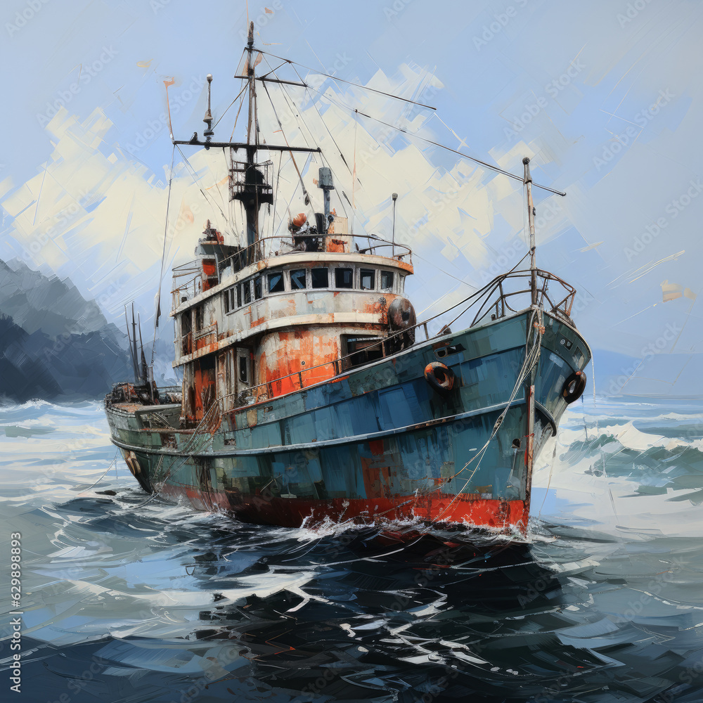 time worn fishing boat on the sea . generative ai time worn fishing boat on the sea . generative ai