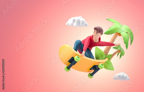 Isolated Man Skateboarding. 3D Illustration