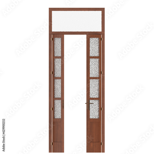 3D rendering illustration of a wooden door with glass panels and transom
