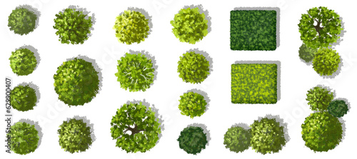 Vector set of Top view green tree for outdoor plan or map and architecture drawing, watercolor elements for environment and garden,botanical elements 