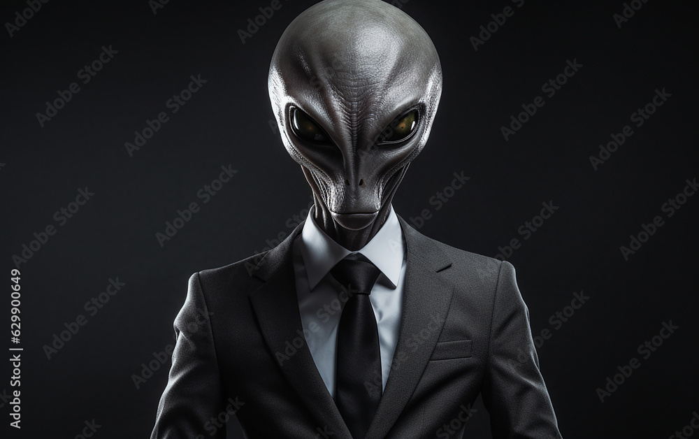 A portrait featuring a Gray Alien wearing a business suit. Generative AI A portrait featuring a Gray Alien wearing a business suit. Generative AI