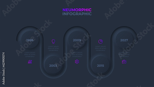 Dark neumorphic infographic timeline design template. Concept of development process with 5 steps, options, parts or processes