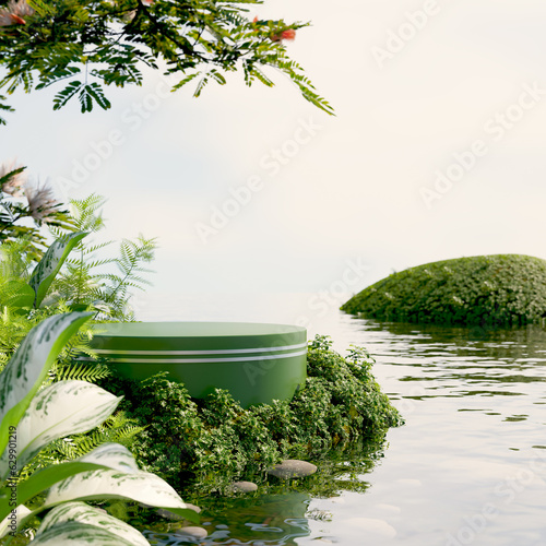 cosmetic podium display on Tropical green mos, nature background, 3d rendering. #629901219