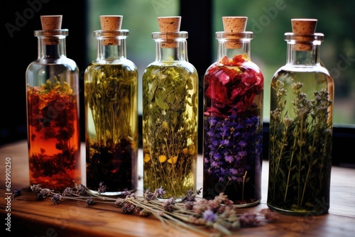 herbal infused oil bottles with dried herbs