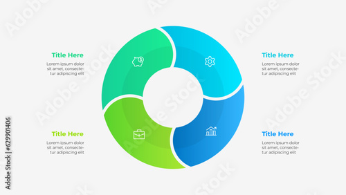 Round diagram divided into 4 segments. Concept of four steps of business project management. Vector illustration for data analysis visualization