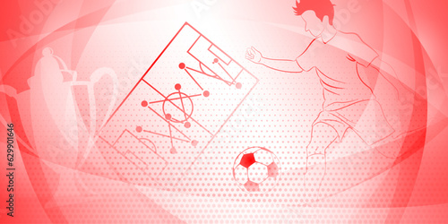 Soccer background with a football player kicking the ball and other sport symbols in red colors