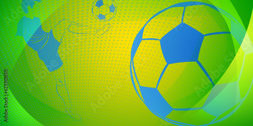 Soccer background with a football player kicking the ball and other sport symbols in national colors of Brazil