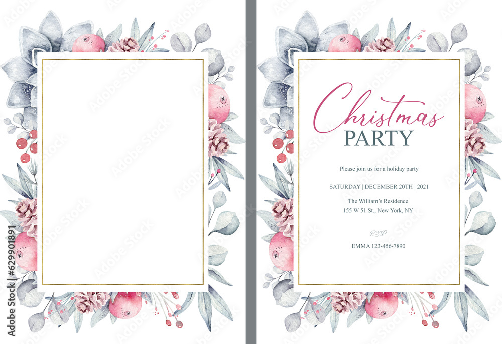 Watercolor new year winter background with plants, branches, berries and splashes. Christmas pre-made scene with flowers frame. Party invitation