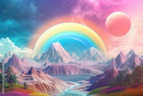 A planet in universe with other life , mountains, moon and rainbow in pastel colors. Generative Ai.