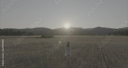 Chica andando por atardecer por el campo de trigo ( log footage ) photo
